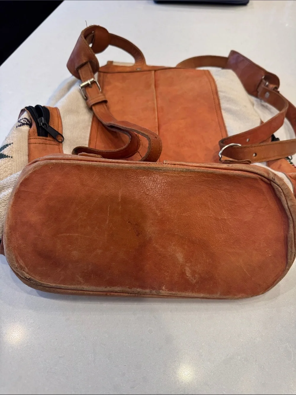 Woven Tribal Canvas Backpack with Brown Leather Trim - Multicolor worn but cool